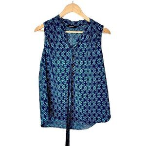 41 Hawthorn Astrid Tie Neck Navy Teal Moroccan Print Sleeveless Top Small Size L